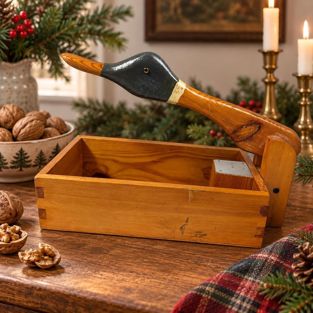Wooden Duck Nutcracker Box Folk Art Goose Nut Cracker Rustic Cabin Kitchen Decor